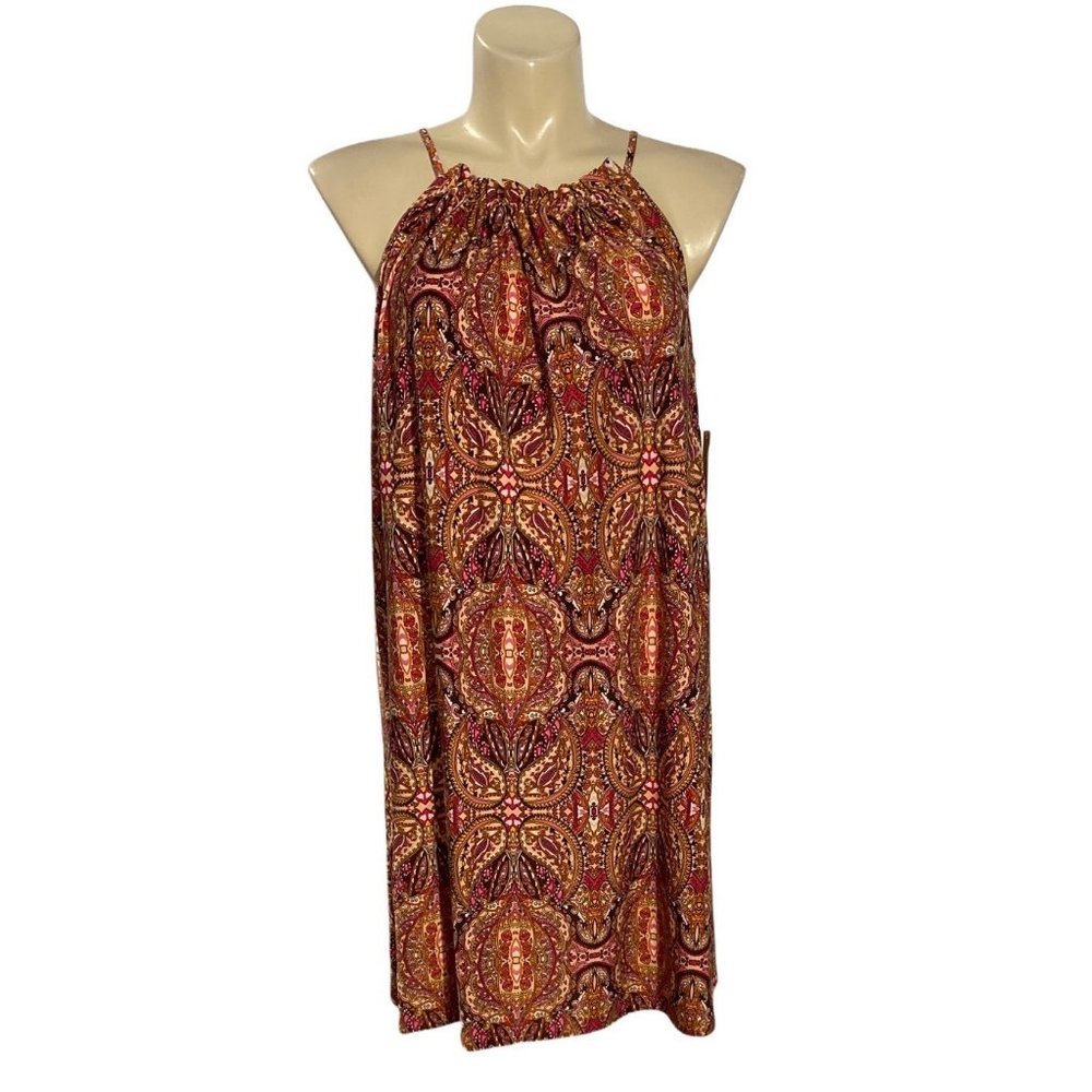 Tacera L Dress NWT Brown Pink Multicolor Paisley Drawstring Halter‎ Neck Unique